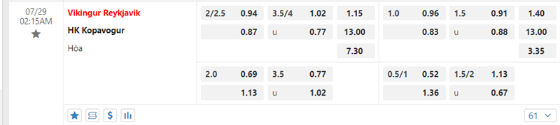 Tỷ lệ kèo Vikingur Reykjavik vs HK Kopavogur